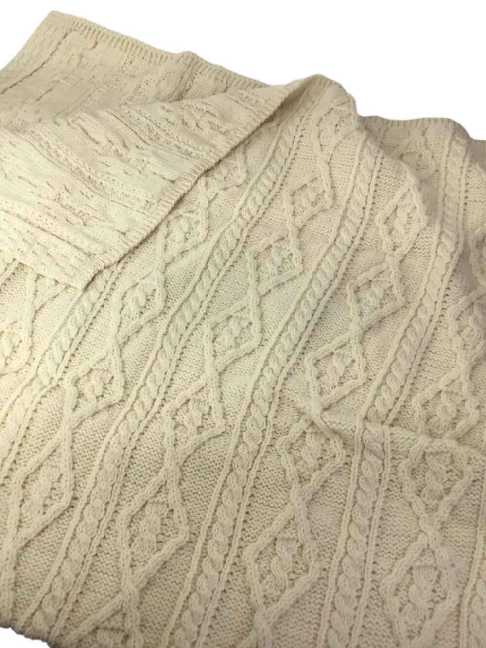 Kilronan Merino Wool Throw NIP Diamond Cable Knit Aran Ireland Natural 42 x 68